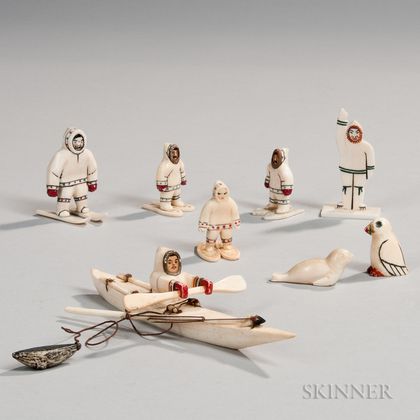 Eight Carved Whale Ivory Eskimo and Animal Figures