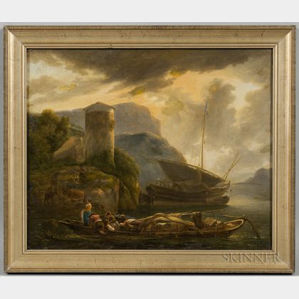 Jean-Louis Demarne (French, c. 1752-1829) Boaters Making Landing near Coastal Cliffs