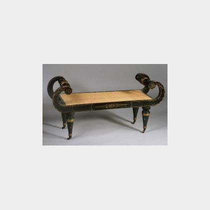 American Classical Gilt-stenciled and Black Painted and Caned Window Bench