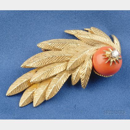 18kt Gold, Coral, and Diamond Brooch, Erwin Pearl