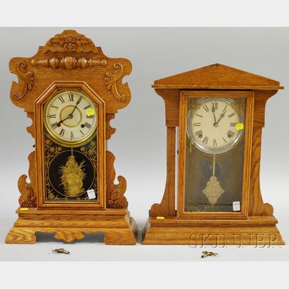 Two Late Victorian Oak and Ash Shelf Clocks