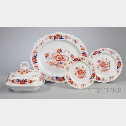 Eighty-seven Piece Chamberlains Transfer and Hand-painted Floral-decorated Porcelain Partial Dinner Service