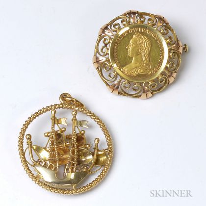 18kt Gold and Enamel Ship Pendant and 14kt Gold-mounted Coin Pendant