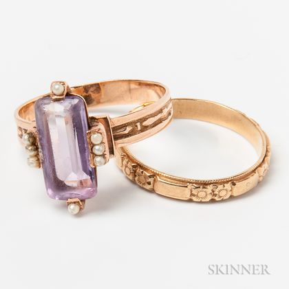 14kt Gold, Amethyst, and Seed Pearl Ring and a 14kt Gold Engraved Band