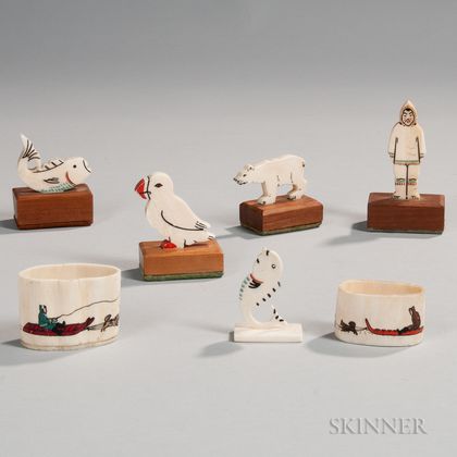 Seven Carved and Painted Whale Ivory Items