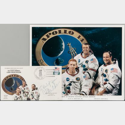 Apollo 14, Prime Crew Portrait and Two First Day Covers Signed by Ed Mitchell.