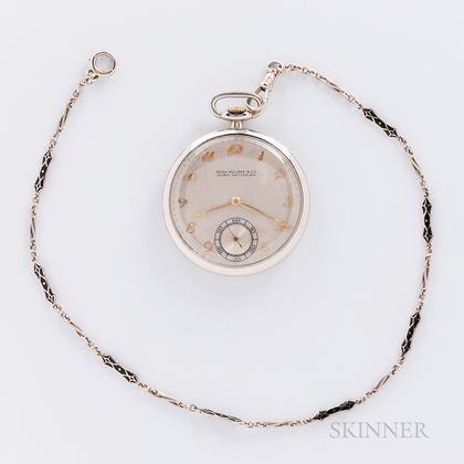 Patek Philippe 18kt White Gold Open-face Watch and 14kt Gold Chain
