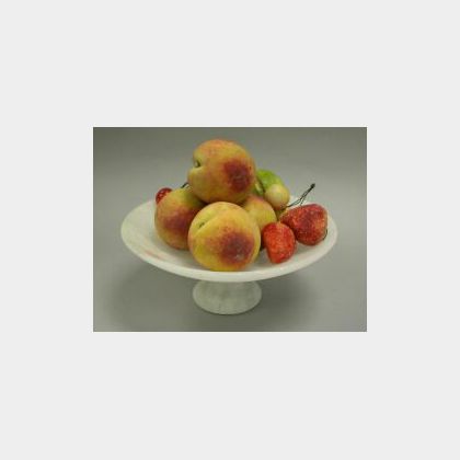 Ten Pieces of Painted Stone Fruit with an Alabaster Compote. 