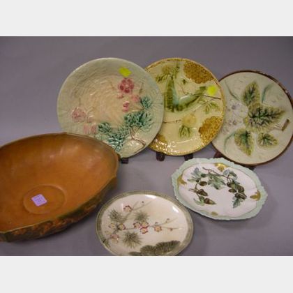 Four Assorted Majolica Plates and a Limoges Handpainted Oak Leaf Decorated Porcelain Plate. 