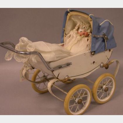 Metal Baby Carriage and German Bisque Baby Doll