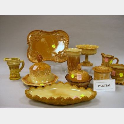 Collection of Eighteen Pieces of Pressed Chocolate Glass Tableware. 