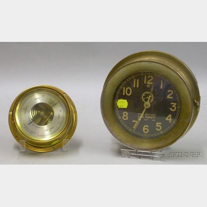 U.S. Navy Deck Clock and Associated Aneroid Barometer