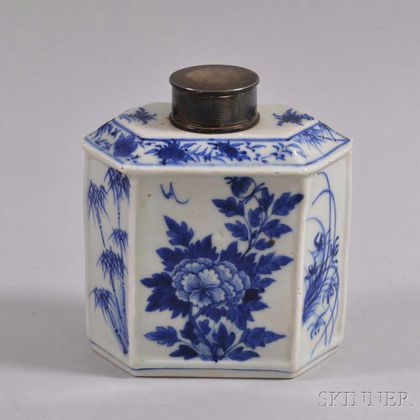 Blue and White Porcelain Tea Caddy with Silver Lid