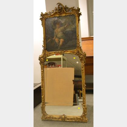 Louis XV Style Carved Giltwood Trumeau Mirror with Painted Child and Bird Genre Scene Decorated Canvas Panel