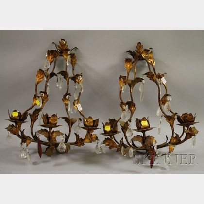 Pair of Italian-style Gilt-metal Three-Light Wall Sconces with Crystals