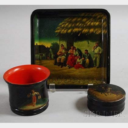 Small Russian Scenic-decorated Lacquerware Tray, Circular Box with Cover, and Jar