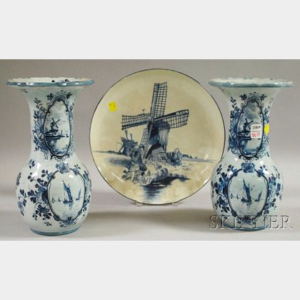 Pair of Dutch Blue and White Ceramic Vases and a Ceramic Charger
