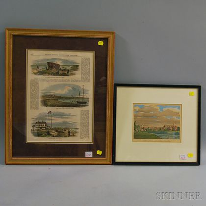 Two Hand-colored Framed Prints with Boston and Harvard Scenes
