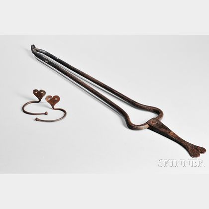 Pair of Wrought Iron Heart Finial Fireplace Tongs and Jamb Hooks