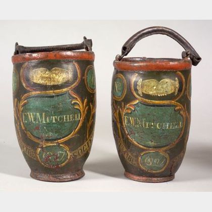 Pair of Paint Decorated Leather Fire Buckets