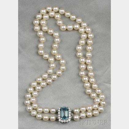 Cultured Pearl, Blue Zircon, and Diamond Double-strand Necklace