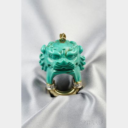 14kt Gold, Carved Turquoise, and Diamond Pendant