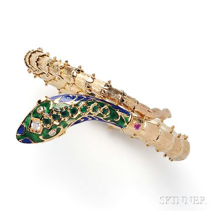 14kt Gold and Enamel Gem-set Snake Bracelet