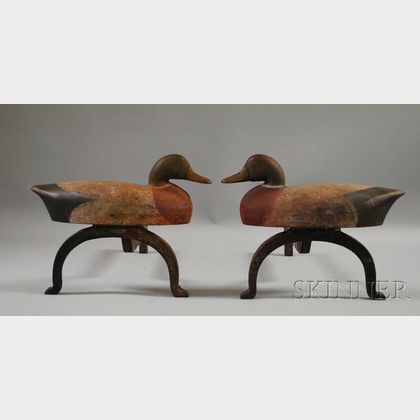 Pair of Polychrome Painted Cast Iron Mallard Duck Andirons