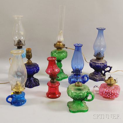 Nine Colored Glass Kerosene Lamps