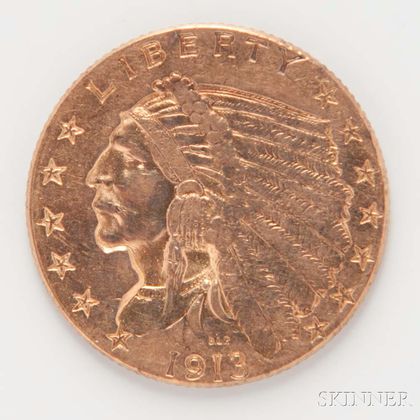 1913 $2.50 Indian Head Gold Coin. Estimate $200-300