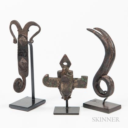 Miniature Bronze Dogon Door Lock and Two Metal Objects from Burkina Faso