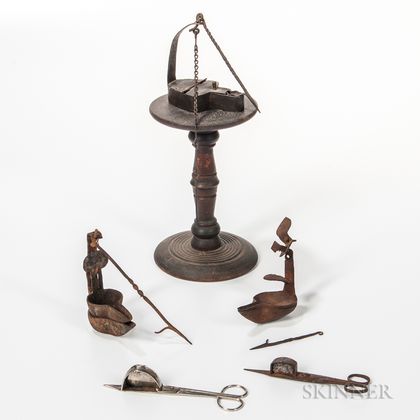 Turned Hardwood Lamp Stand, Three Lamps, and Two Pairs of Snuffers