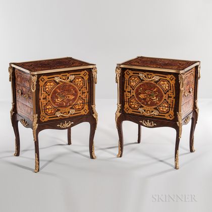 Pair of Louis XV-style Ormolu-mounted Marquetry Four-drawer Cabinets