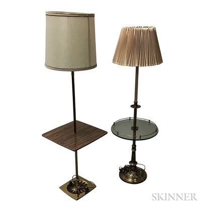 Two Brass Floor Lamps with Integrated Tables