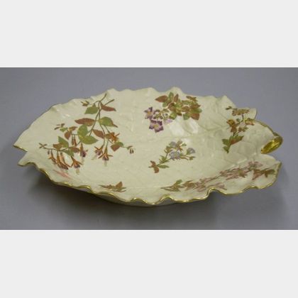 Royal Worcester Enamel Floral Decorated Porcelain Leaf-form Dish