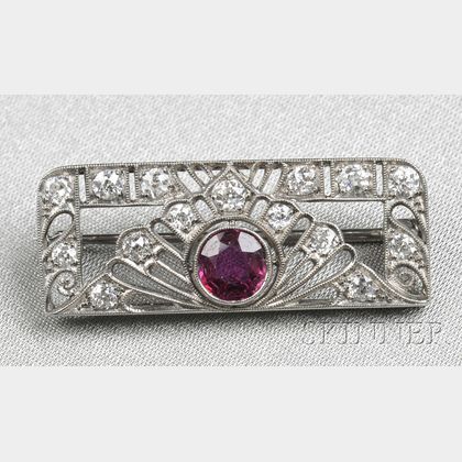 Art Deco 18kt White Gold, Ruby, and Diamond Brooch