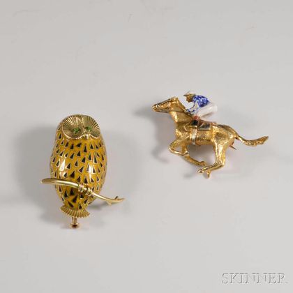 Two Gold and Enamel Brooches