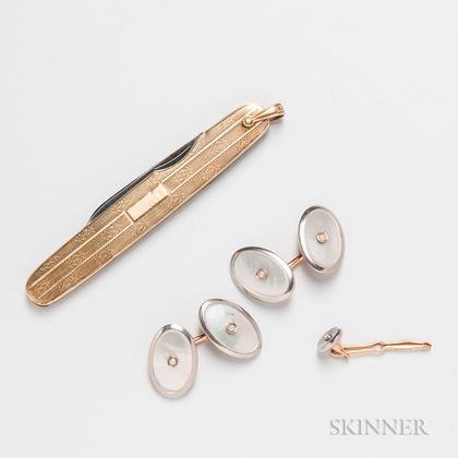 Penknife and a Pair of 14kt Gold and Mother-of-pearl Cuff Links