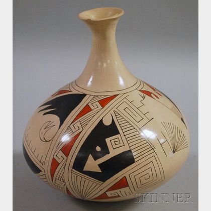 Mexican Hand-painted Geometric Decorated Pottery Jug