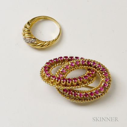 18kt Gold and Ruby Brooch and an 18kt Gold and Diamond Ring