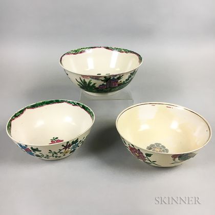 Three Staffordshire Polychrome Enameled Salt-glazed Stoneware Bowls