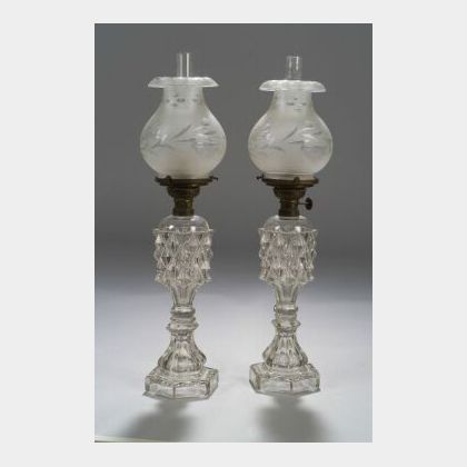 Pair of Colorless Pressed Glass Fluid Lamps with Frosted Cut Glass Shades