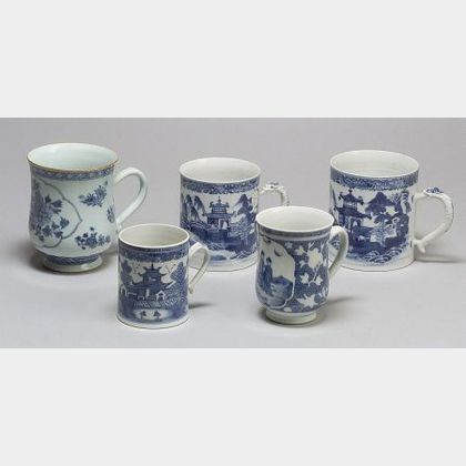 Five Chinese Export Blue and White Decorated Canns