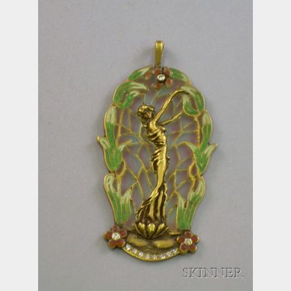 10kt Gold and Enamel Decorated Art Nouveau-style Plique-a-Jour Pendant
