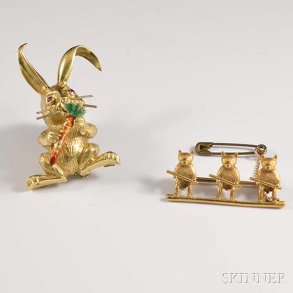 18kt Gold, Enamel, and Ruby Bunny Brooch and an 18kt Gold Brooch with Three Bears