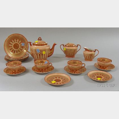 Japanese Porcelain Tea Set, flower design with gilt accents, teapot, sugar bowl (missing knob),four cups and sauc... 