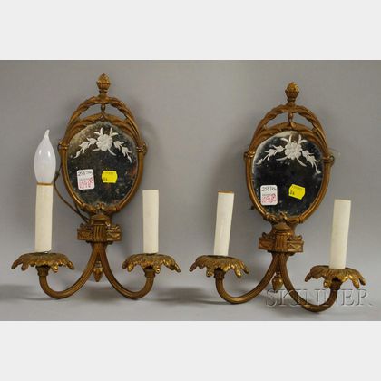 Pair of French-style Gilt-metal and Mirrored Two-light Sconces