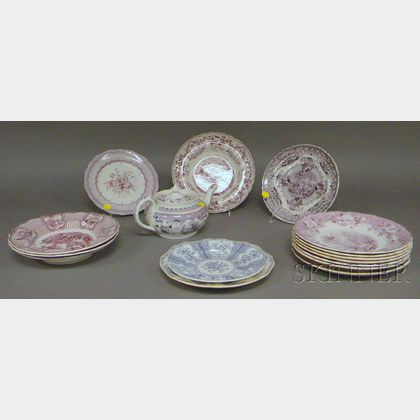 Sixteen Pieces of English Magenta Transfer-decorated Staffordshire Tableware