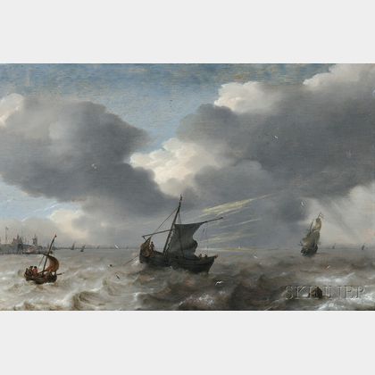 Attributed to Simon Jacobsz de Vlieger (Dutch, 1601-1653) Vessels in Rough Seas off the Dutch Coast