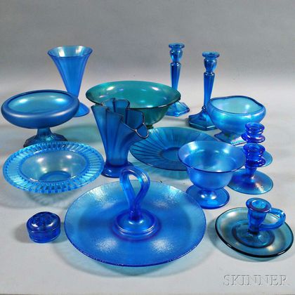Fifteen Blue Iridescent Glass Items